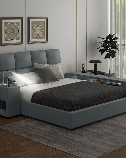 Queen Size PU Leather Upholstered Platform Multimedia Nightstand and Storage Shelves,Bedroom Solid Wood Bed Frame W/Bluetooth Speakers,Charging Station,Light,for Girls,Boys,Gray - LeafyLoom