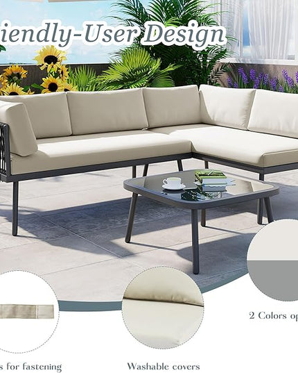 3-Piece Outdoor Patio Furniture PE Rattan Sofa Set, All Weather L-Shaped Sectional Couch with Removable Cushions and Glass Table, for Backyard Poolside Garden, Metal Frame, Onesize, Beige - LeafyLoom