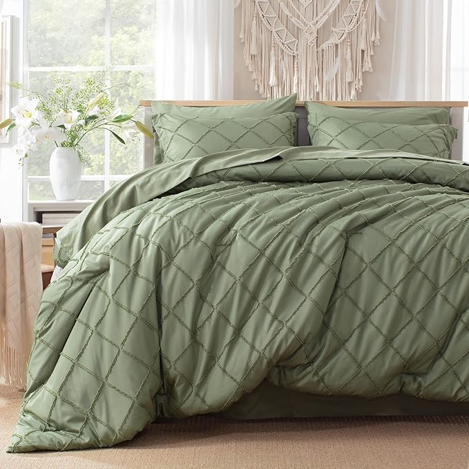 Boho Olive Green Comforter Set with Jacquard Tufted Design,Farmhouse Bedding Sets for All Seasons,Soft 7 Pieces Queen Bed in a Bag Comforter,Flat Sheet,Fitted Sheet,Pillowcases & Shams - LeafyLoom