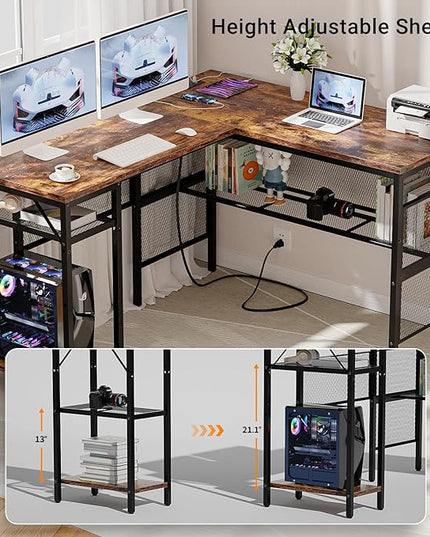 Reversible L Shaped Gaming Desk with Magic Power Outlets, 55 Inch Large Corner Computer Desk, Sturdy Home Office Table with Storage Shelf, Attractive Grid Design Writing Desk, Rustic Brown - LeafyLoom