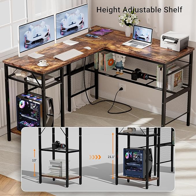 Reversible L Shaped Gaming Desk with Magic Power Outlets, 55 Inch Large Corner Computer Desk, Sturdy Home Office Table with Storage Shelf, Attractive Grid Design Writing Desk, Rustic Brown - LeafyLoom