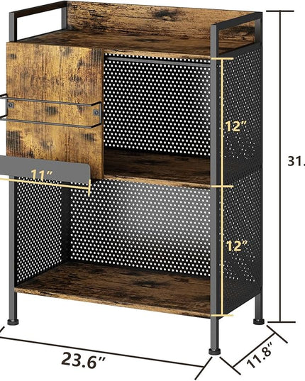 3 Tier Large Bookshelf with Storage Cabinet, Metal Industrial Bookcase Storage Organizer with Sliding Door, Open Standing Shelf Unit for Bedroom, Living Room, Home Office, Rustic Brown - LeafyLoom