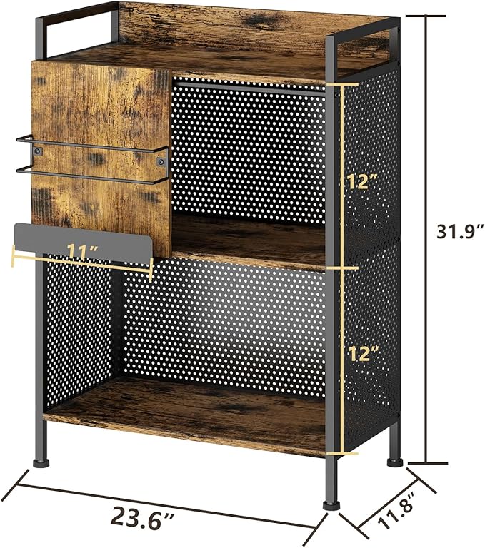 3 Tier Large Bookshelf with Storage Cabinet, Metal Industrial Bookcase Storage Organizer with Sliding Door, Open Standing Shelf Unit for Bedroom, Living Room, Home Office, Rustic Brown - LeafyLoom