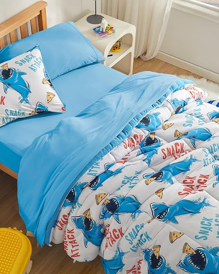 SLEEP ZONE Jersey Knit 2-Piece Twin Size Comforter Set, Blue Shark Design for Boys, Skin-Friendly and Breathable, Super Soft, Durable, Comfortable Kids Bedding Set（Sharks, Twin） - LeafyLoom