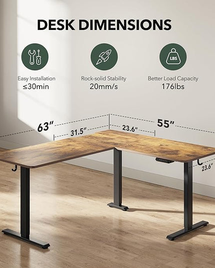 FEZIBO L Shaped Standing Desk Adjustable Height, 63 Inch Electric Stand up Corner Computer Desk, Sit Stand Home Office Desk with Splice Board, Rustic Brown Top/Black Frame - LeafyLoom