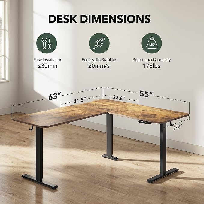 FEZIBO L Shaped Standing Desk Adjustable Height, 63 Inch Electric Stand up Corner Computer Desk, Sit Stand Home Office Desk with Splice Board, Rustic Brown Top/Black Frame - LeafyLoom