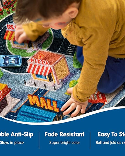 Booooom Jackson Kids Car Rug Playmat 31"X59" Car Mat for Kids Toy Cars Kids Rug with Roads for Playroom CarCarpet for Kids Race Car Play Rug for Toy Cars Play Carpet - LeafyLoom