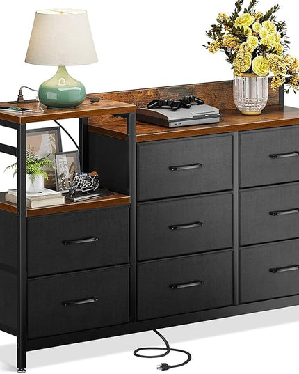 ODK Dresser with Charging Station, 52-Inch Long Dresser TV Stand for Bedroom, Large Dresser with 8 Storage Drawers, Chest of Drawers Easy-Pull Fabric Dressers for Living Room, Vintage and Black - LeafyLoom