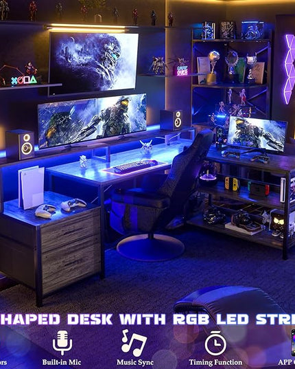 Aheaplus L Shaped Desk with File Drawer, 66" Reversible L Shaped Computer Desk with Power Outlet & LED Strip, Gaming Desk with Long Monitor Stand, Office Desk Corner Desk with Storage Shelf, Grey Oak - LeafyLoom
