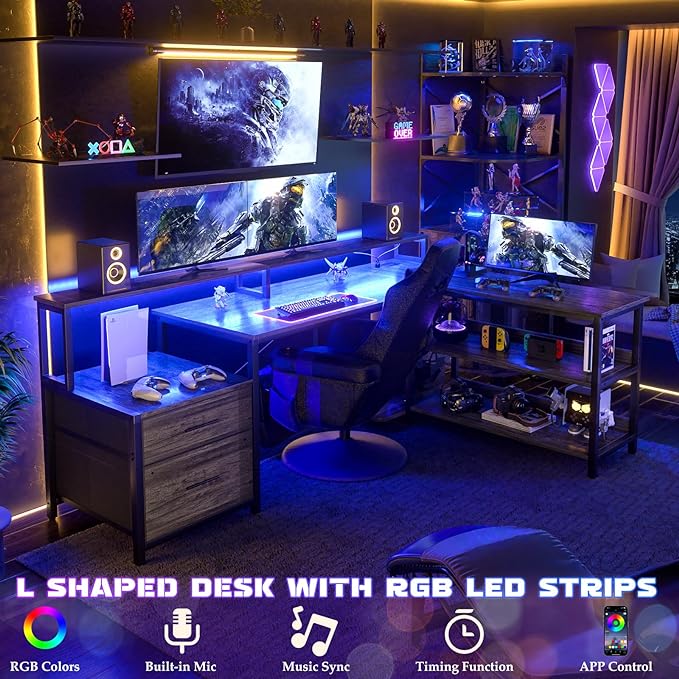 Aheaplus L Shaped Desk with File Drawer, 66" Reversible L Shaped Computer Desk with Power Outlet & LED Strip, Gaming Desk with Long Monitor Stand, Office Desk Corner Desk with Storage Shelf, Grey Oak - LeafyLoom