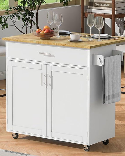 Kitchen Island with Storage, Rolling Table on Wheels w/Divider, Internal Canibet Rack, Adjustable Shelf Tower Rack for Dinning Room, Rubber Wood Contertop - LeafyLoom