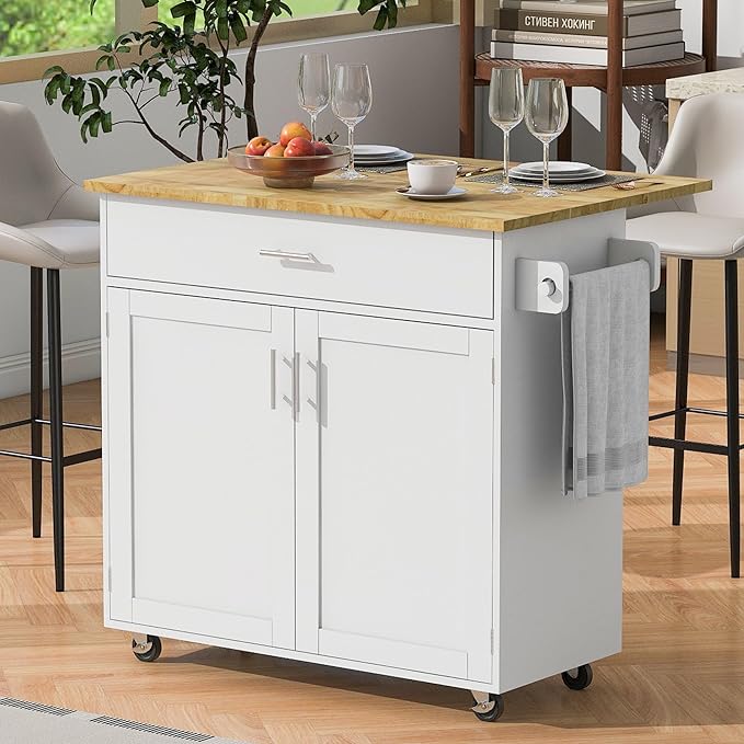 Kitchen Island with Storage, Rolling Table on Wheels w/Divider, Internal Canibet Rack, Adjustable Shelf Tower Rack for Dinning Room, Rubber Wood Contertop - LeafyLoom