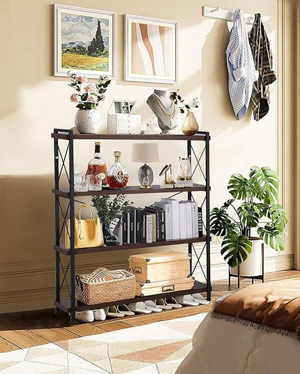 Small Shelf Industrial Bookshelf,4-Tier Wood Short Book Shelf Office Shelves with Metal Frame,Rustic Bookshelves Open Shelf Bookcase for Bedroom,Living Room,Office Home(Berry Brown) - LeafyLoom