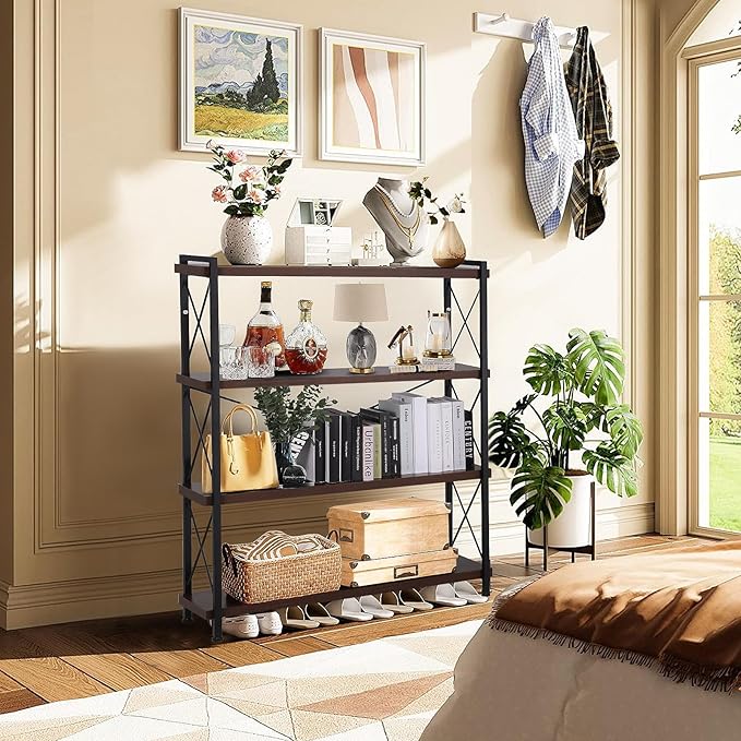 Small Shelf Industrial Bookshelf,4-Tier Wood Short Book Shelf Office Shelves with Metal Frame,Rustic Bookshelves Open Shelf Bookcase for Bedroom,Living Room,Office Home(Berry Brown) - LeafyLoom