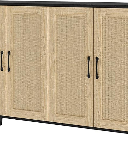 Panana Buffet Storage Cabinet with Rattan Decorating 4 Doors Living Room Kitchen Sideboard 48.43 x 34.65 x 15 inch (Black) - LeafyLoom