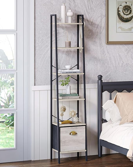 Narrow Bookshelf Bookcase with Drawer, Ladder Shelf with 2 Hooks, Bookshelves Storage Organizer, Freestanding Display Standing for Home Office, Bedroom, 6 Tier Greige BC19605B - LeafyLoom