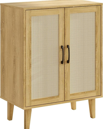 Rattan Decorated Buffet Cabinet - 2 Doors Simple Style Storage Cabinet, Shoe Cabinet with Adjustable Shelves, Sideboard for Kitchen, Living Room, Hallway, Entryway (Natural Wood) - LeafyLoom