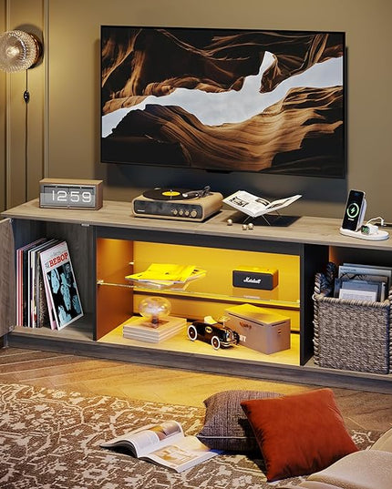 Bestier LED TV Stand with Power Outlets for 55/60/65 Inch TV, Gaming Entertainment Center with Cabinet for PS5, Modern TV Cabinet with Adjustable Glass Shelves for Living Room 58 Inch, Grey Wash - LeafyLoom
