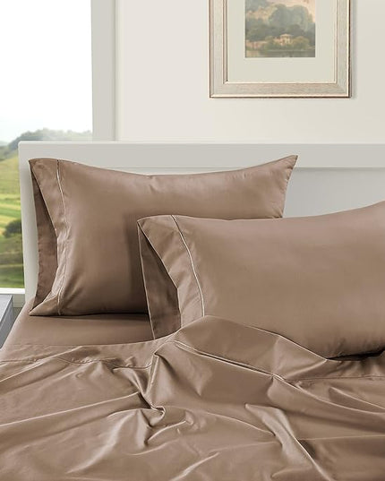 LANE LINEN 100% Egyptian Cotton Bed Sheets - 1000 Thread Count 3-Piece Twin Set Long Staple Bedding Sateen Weave Luxury Hotel Fits Upto 16" Mattress Taupe - LeafyLoom