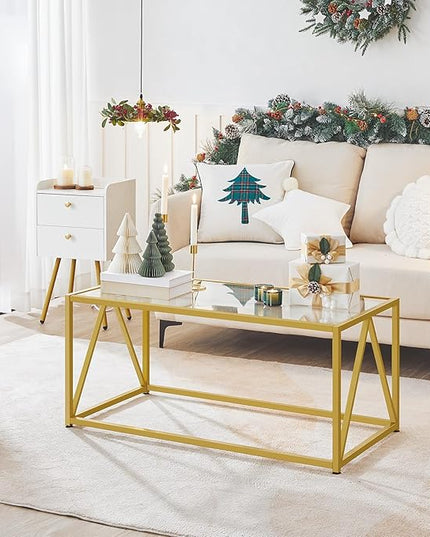 HOOBRO Glass Coffee Table, Gold Coffee Tables for Living Room, Gold Glass Coffee Table,1 Layer Center Table, Modern, for Apartment, Office, 39.4 x 19.7 x 17.7 Inches, Easy Assembly, Golden GD04KF01 - LeafyLoom