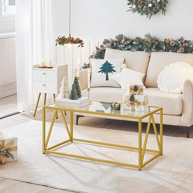 HOOBRO Glass Coffee Table, Gold Coffee Tables for Living Room, Gold Glass Coffee Table,1 Layer Center Table, Modern, for Apartment, Office, 39.4 x 19.7 x 17.7 Inches, Easy Assembly, Golden GD04KF01 - LeafyLoom