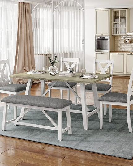 Rustic Style Spacious 4 Chair and Multifunctional Bench, Long-Lasting Solid Rubber Wood Room, Kitchen, 6 Piece Dining Table Set, White 18 - LeafyLoom
