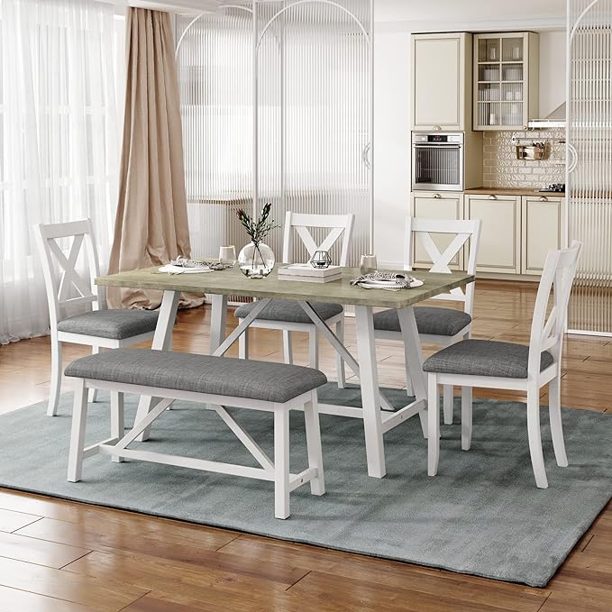 6-Piece Wood Rectangle Dining Table Set with Bench and 4 Upholstered Chairs for Kitchen Living Room, Farmhouse Rustic Style, White+Gray, 60" L x 36" W x 29.9" H - LeafyLoom
