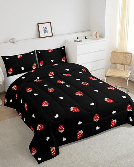 Red Strawberry Bedding Set Full Size, Soft Kawaii Strawberry Comforter Set For Kids Girls Boys Bedroom Decor, Cute Fruits Theme Sweet Strawberry Down Comforter Lightweight Reversible Duvet Set, Black - LeafyLoom