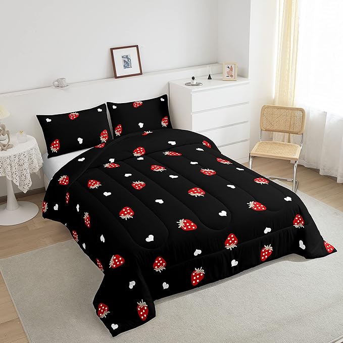 Red Strawberry Bedding Set Full Size, Soft Kawaii Strawberry Comforter Set For Kids Girls Boys Bedroom Decor, Cute Fruits Theme Sweet Strawberry Down Comforter Lightweight Reversible Duvet Set, Black - LeafyLoom