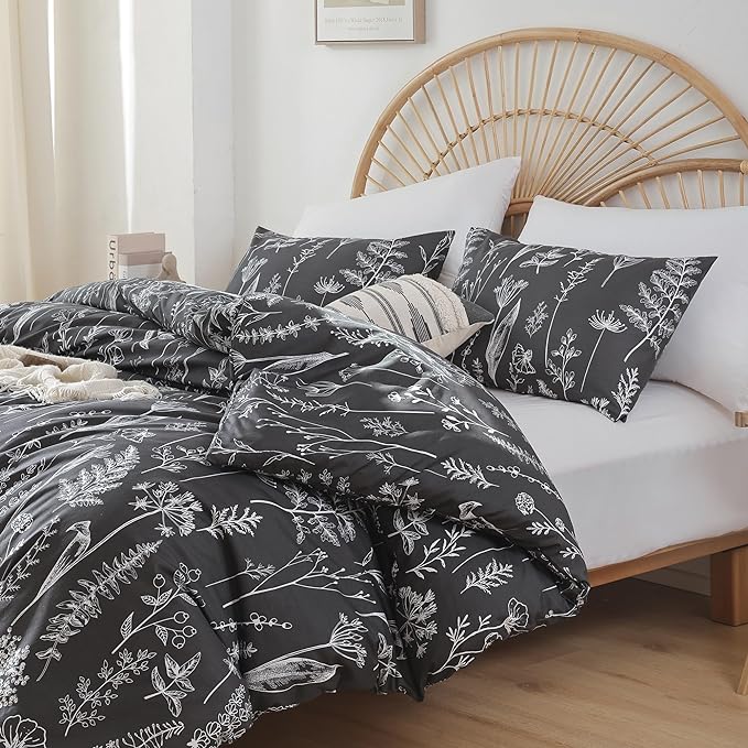 JANZAA Comforter Set Full Size Dark Grey Comforter set Floral Comforter with 2 Pillow Cases Fluffy Microfiber Comforter Set for All Season Using Soft Boho Comforter Set - LeafyLoom