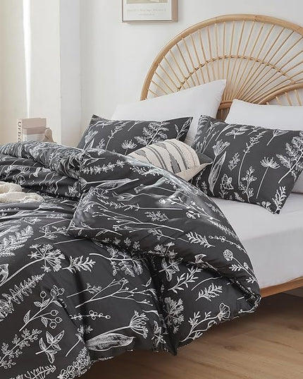 JANZAA King Size Comforter Set Dark Grey Comforter set Floral Comforter with 2 Pillow Cases Microfiber Soft Comforter Set for All Season Using Soft Comforter Set Boho - LeafyLoom