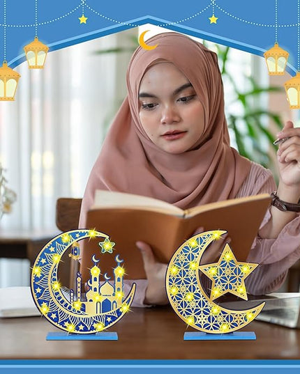 2 Pcs Ramadan Eid Mubarak Crafts Night Light 3D Wooden Moon Star Lights Ramadan Decorations LED Eid Mubarak Lamp Decor Ramadan Table Sign for Tabletop Home Party Supplies(Blue and Gold) - LeafyLoom
