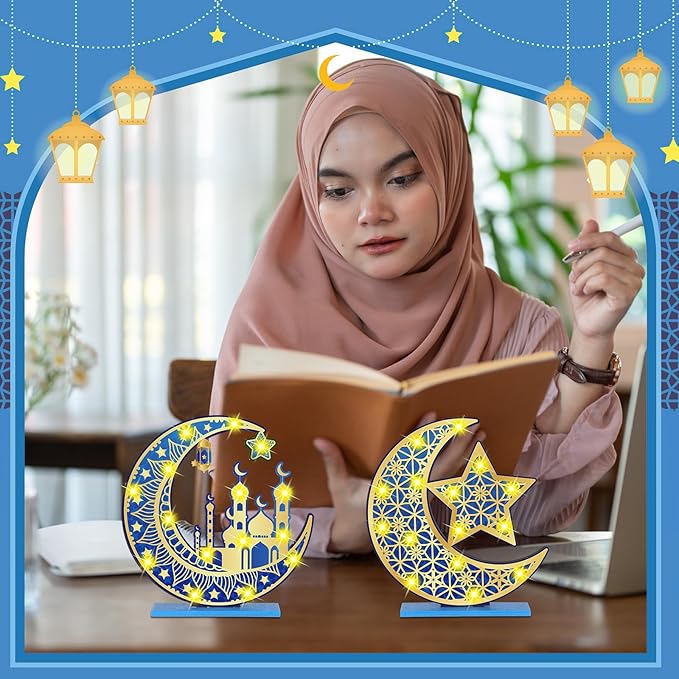 2 Pcs Ramadan Eid Mubarak Crafts Night Light 3D Wooden Moon Star Lights Ramadan Decorations LED Eid Mubarak Lamp Decor Ramadan Table Sign for Tabletop Home Party Supplies(Blue and Gold) - LeafyLoom