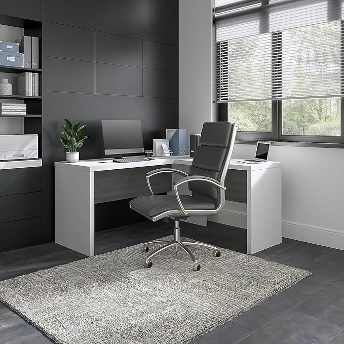 Bush Business Furniture Echo L Shape Desk with Wire Management | Corner Computer Table with Quick-to-Assemble Hardware | Home Office Credenza, 60W, Pure White and Modern Gray - LeafyLoom