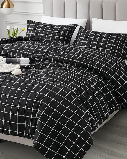 Andency Black Grid Comforter Set King Size (104x90 Inch), 3 Pieces(1 Grid Comforter and 2 Pillowcases), Summer Lightweight Microfiber Down Alternative Black Comforter with White Lines - LeafyLoom