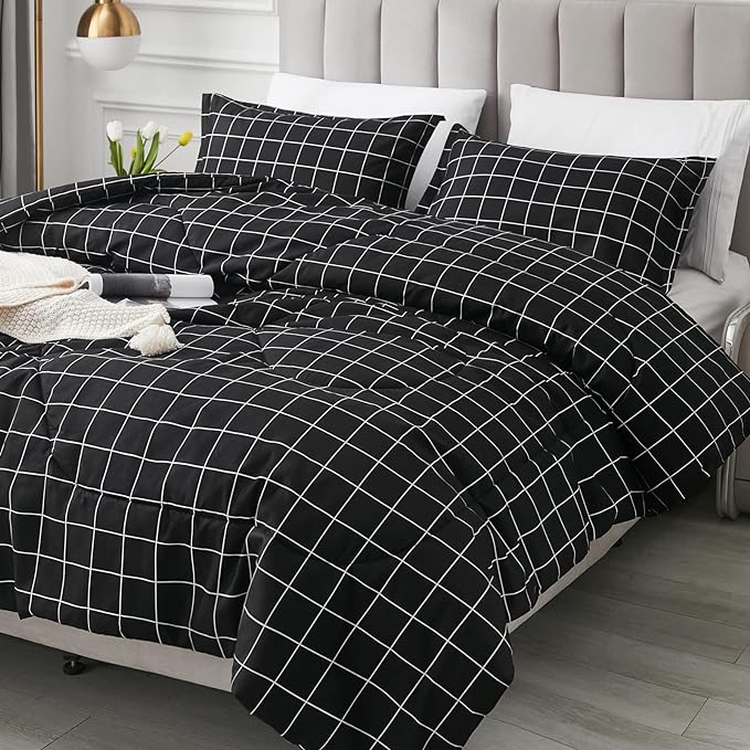 Andency Black Grid Comforter Set King Size (104x90 Inch), 3 Pieces(1 Grid Comforter and 2 Pillowcases), Summer Lightweight Microfiber Down Alternative Black Comforter with White Lines - LeafyLoom