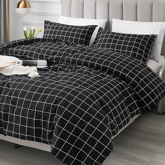 Andency Black Grid Comforter Set Twin Size (66x90 Inch), 2 Pieces(1 Grid Comforter and 1 Pillowcase), Summer Lightweight Microfiber Down Alternative Black Comforter with White Lines for Kids Girls - LeafyLoom