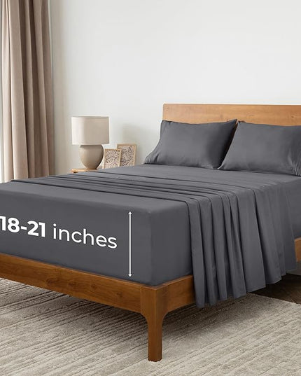 Mellanni Extra Deep King Sheets - 4 PC Iconic Collection Bedding Sheets & Pillowcases - Hotel Luxury, Ultra Soft, Cooling Bed Sheets - Extra Deep Pocket up to 21 inch (King, Gray) - LeafyLoom