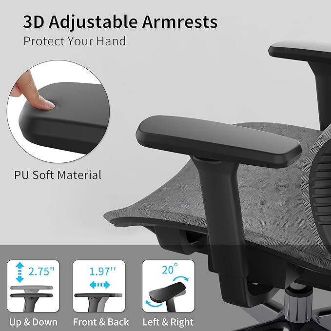Ergonomic Office Chair with 3D Armrest, Big and Tall Computer Desk Chair with Adjustable Headrest, Seat Depth, Lumbar Support, Home Office Gaming Chair Dark Grey - LeafyLoom