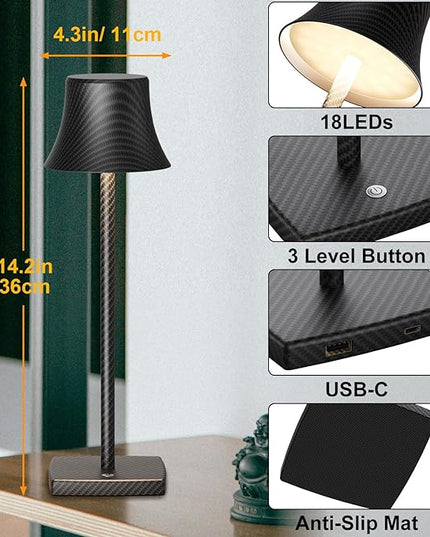 SAKRINGT 2 Pack LED Cordless Table Lamps Rechargeable,5000mAh Battery Operated Table Light,3 Color Stepless Dimming,Portable Small Desk Lamp in Aluminum for Party Patio Restaurant Outdoor - LeafyLoom