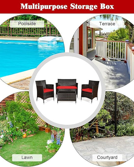 Goplus 4-Piece Rattan Patio Set, Outdoor/Indoor Wicker Conversation Set for Pool, Backyard, Lawn, Wicker Chairs and Sofa with Soft Cushion, Rattan Furniture with Tempered Glass Coffee Table - LeafyLoom