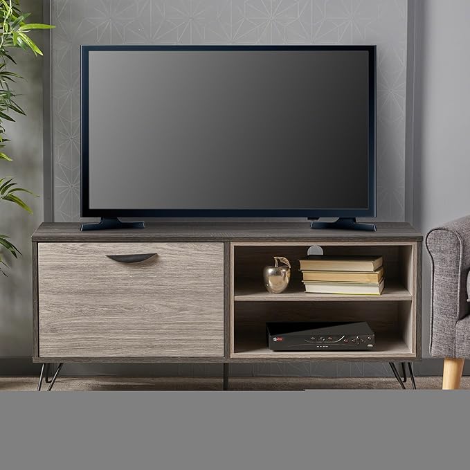 48 Inch Classic Wood TV Stand, Modern Entertainment Center Console Table, Metal Base with 1 Open and 2 Closed Storage Space for Livingroom Bedroom, Gray - LeafyLoom