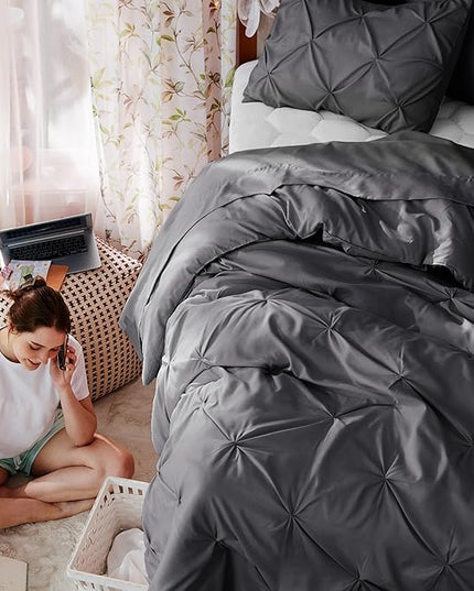 Bedsure Twin XL Comforter Set for Boys - Extra Long 5 Pieces Dorm Bedding Sets, Pinch Pleat Dark Grey Bed in a Bag with Comforter, Sheets, Pillowcase & Sham - LeafyLoom