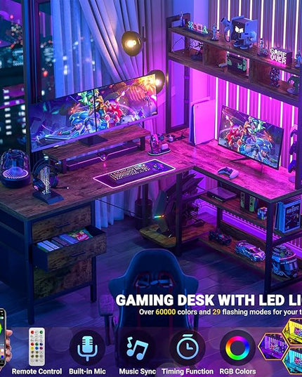 Aheaplus L Shaped Desk with Hutch, Gaming Desk with Led Lights, Reversible Computer Desk with Power Outlet, Corner Desk with File Drawer & Monitor Stand, Storage Shelves for Home, F1, Rustic Brown - LeafyLoom
