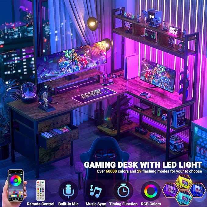 Aheaplus L Shaped Desk with Hutch, Gaming Desk with Led Lights, Reversible Computer Desk with Power Outlet, Corner Desk with File Drawer & Monitor Stand, Storage Shelves for Home, F1, Rustic Brown - LeafyLoom