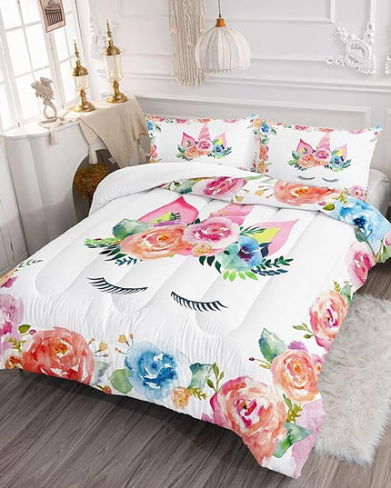 Datura home Unicorn Floral Watercolor Flower Comforter Bedding Set for Girls Teens Adults,Colorful Lovely Roses Blooms Print Design Unicorn Bedding Set(Unicorn Queen) - LeafyLoom