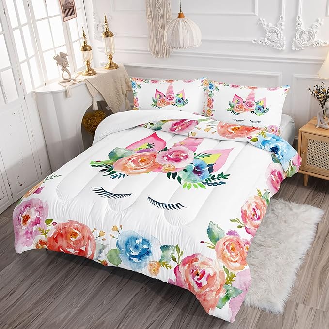 Datura home Unicorn Floral Watercolor Flower Comforter Bedding Set for Girls Teens Adults,Colorful Lovely Roses Blooms Print Design Unicorn Bedding Set(Unicorn Twin) - LeafyLoom