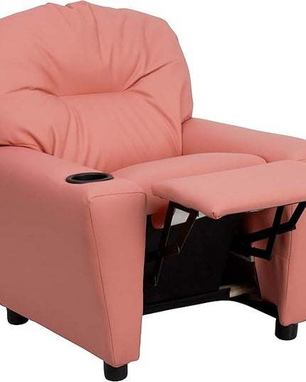 Flash Furniture Chandler Vinyl Kids Recliner with Cup Holder and Safety Recline, Contemporary Reclining Chair for Kids, Supports up to 90 lbs., Pink - LeafyLoom