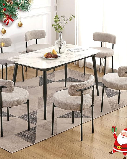 EDWELL Grey Dining Chairs Set of 6, Mid Century Modern Dining Room Chairs with 3.94” Cushions, Round Upholstered Boucle Chairs with Black Metal Legs for Kitchen, Living Room - LeafyLoom