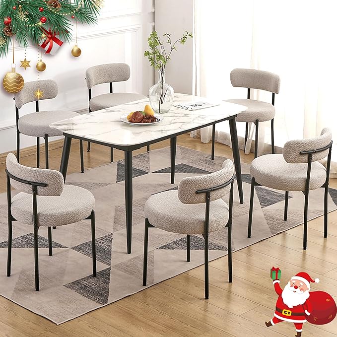 EDWELL Grey Dining Chairs Set of 6, Mid Century Modern Dining Room Chairs with 3.94” Cushions, Round Upholstered Boucle Chairs with Black Metal Legs for Kitchen, Living Room - LeafyLoom